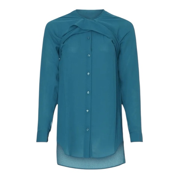 Athlein Tie Back Blouse Button Front Long Sleeve in Teal Crepe de Chine Size 10 - Picture 1 of 12